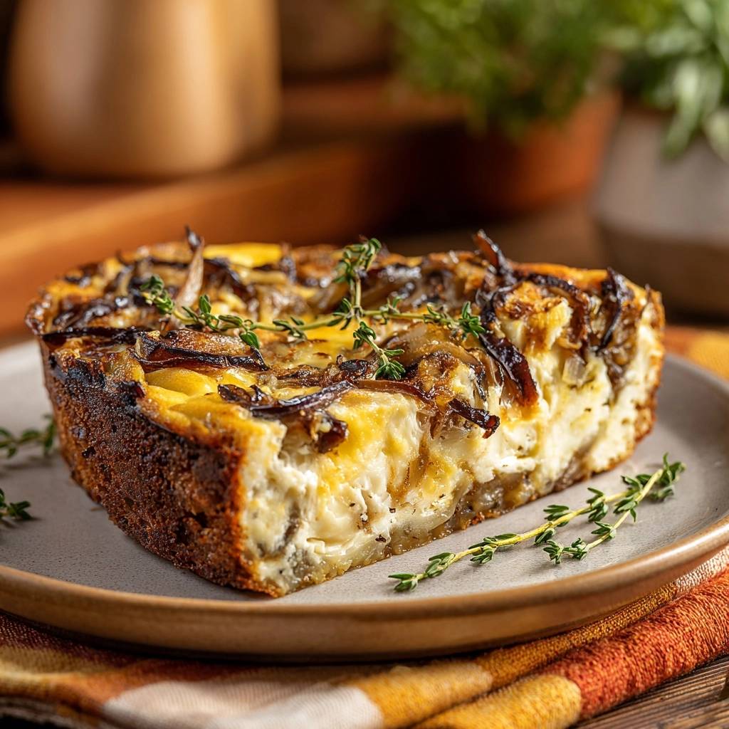 Knusprige Zwiebel-Käse-Quiche angeschnitten auf einem Teller mit frischen Kräutern garniert