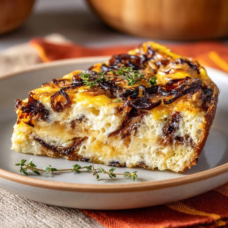 Knusprige Zwiebel-Käse-Quiche angeschnitten auf einem Teller, mit karamellisierten Zwiebeln und Kräutern garniert.