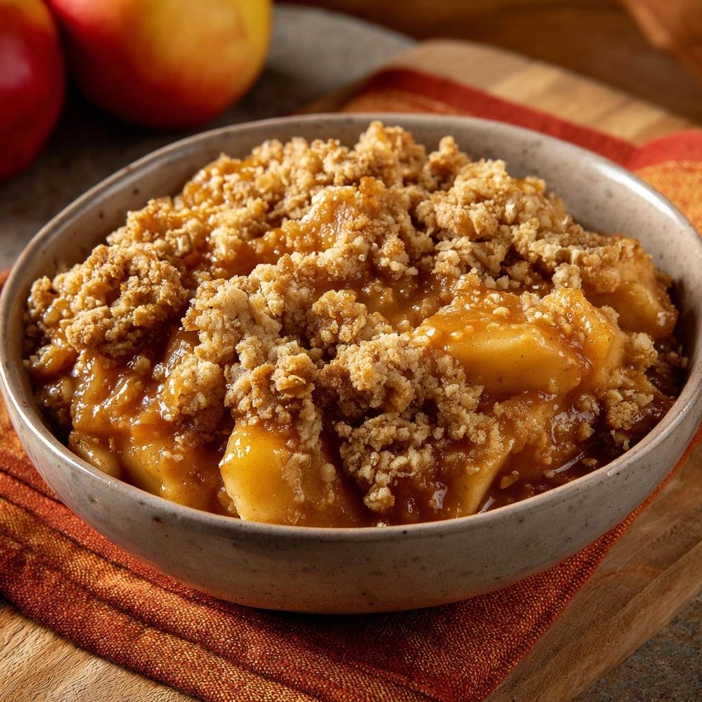 Knuspriger Apfel-Crumble mit einer detaillierten Ansicht des goldbraunen, gebackenen Streusels, der die Äpfel bedeckt.