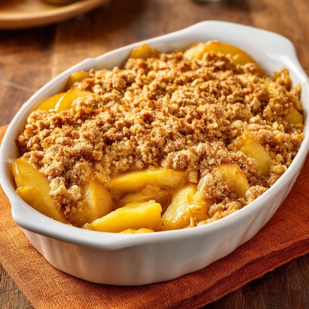 Knuspriger Apfel-Crumble mit goldbraunen, detailreichen Streuseln in einer weißen Auflaufform, nah aufgenommen.