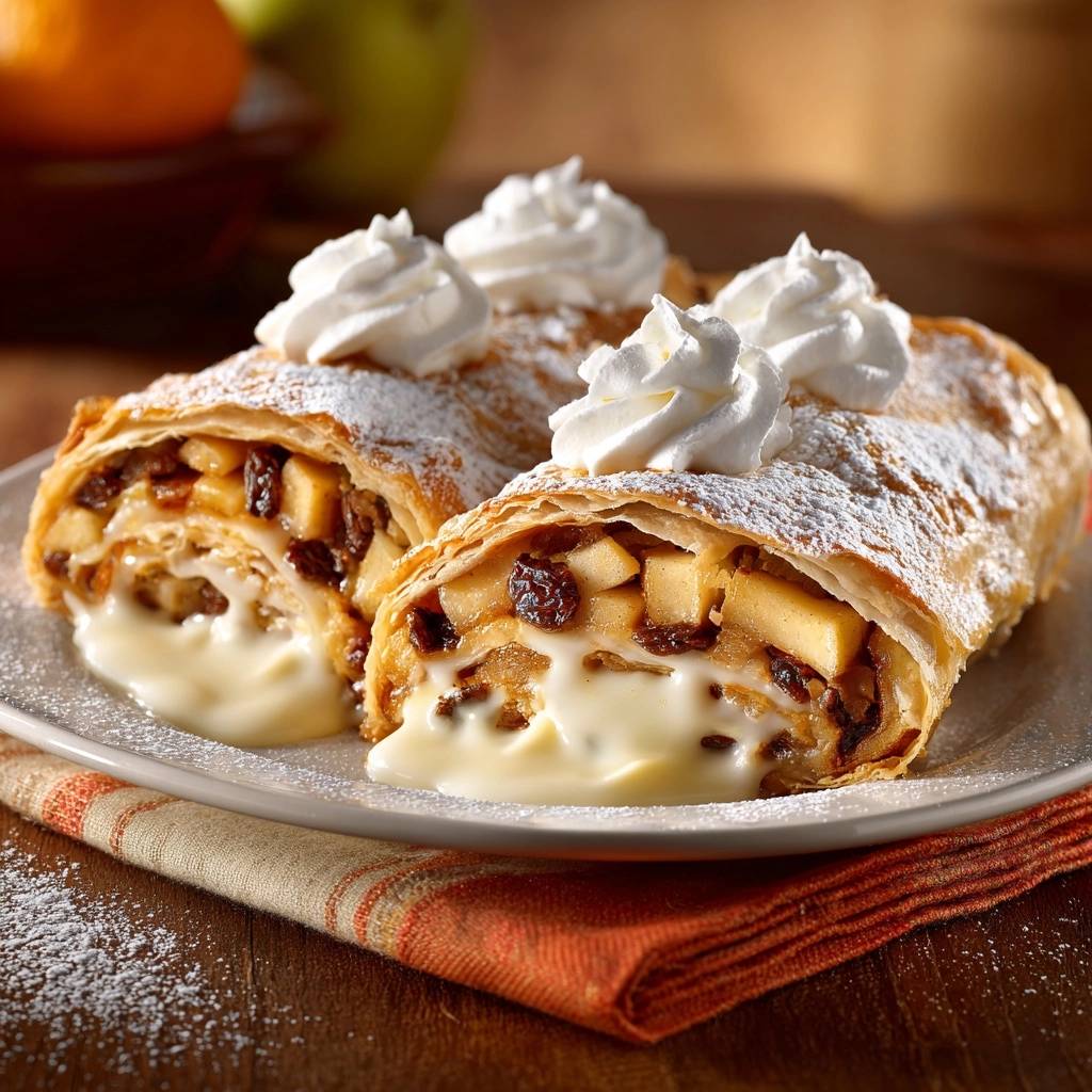 Knuspriger Apfelstrudel angeschnitten mit cremiger Füllung und Garnitur aus Schlagsahne auf einem Teller.