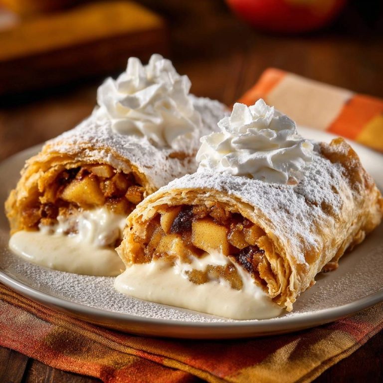 Knuspriger Apfelstrudel mit Sahne und Puderzucker, auf einem Teller serviert mit einer Nahaufnahme der Füllung.