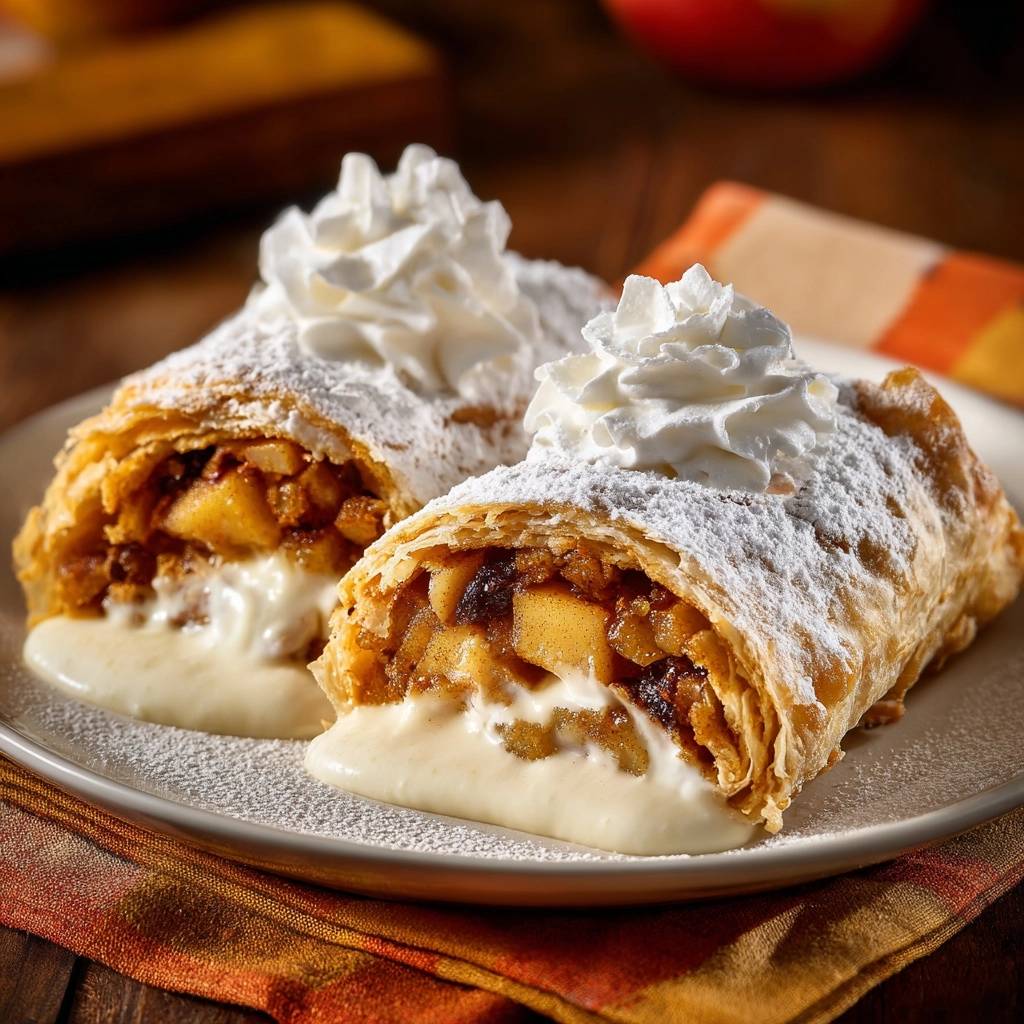 Knuspriger Apfelstrudel mit Sahne und Puderzucker, auf einem Teller serviert mit einer Nahaufnahme der Füllung.