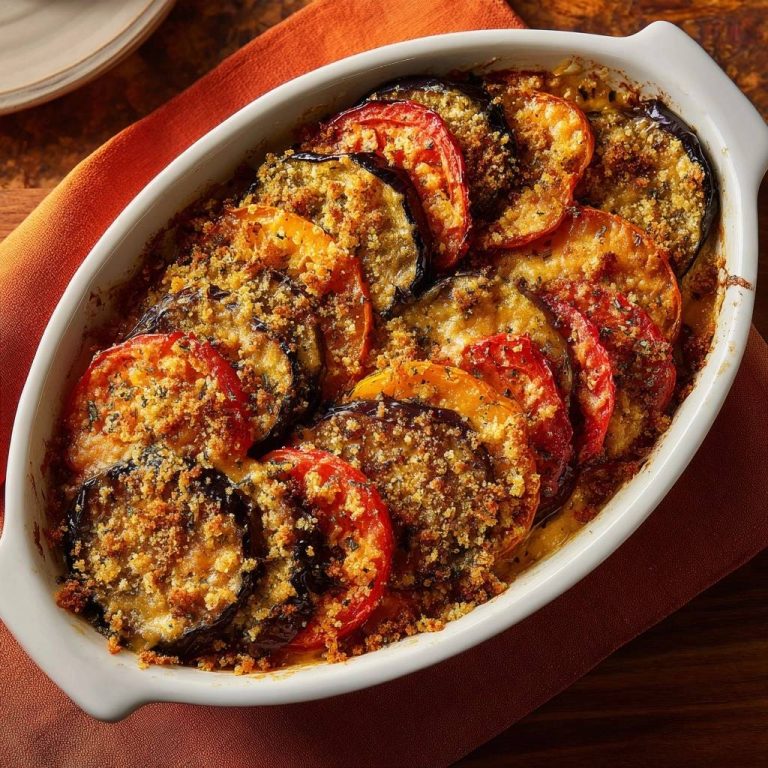 Knuspriger Auberginen-Tomaten-Kürbis-Gratin mit goldbrauner Kruste in einer weißen Auflaufform, Nahaufnahme.