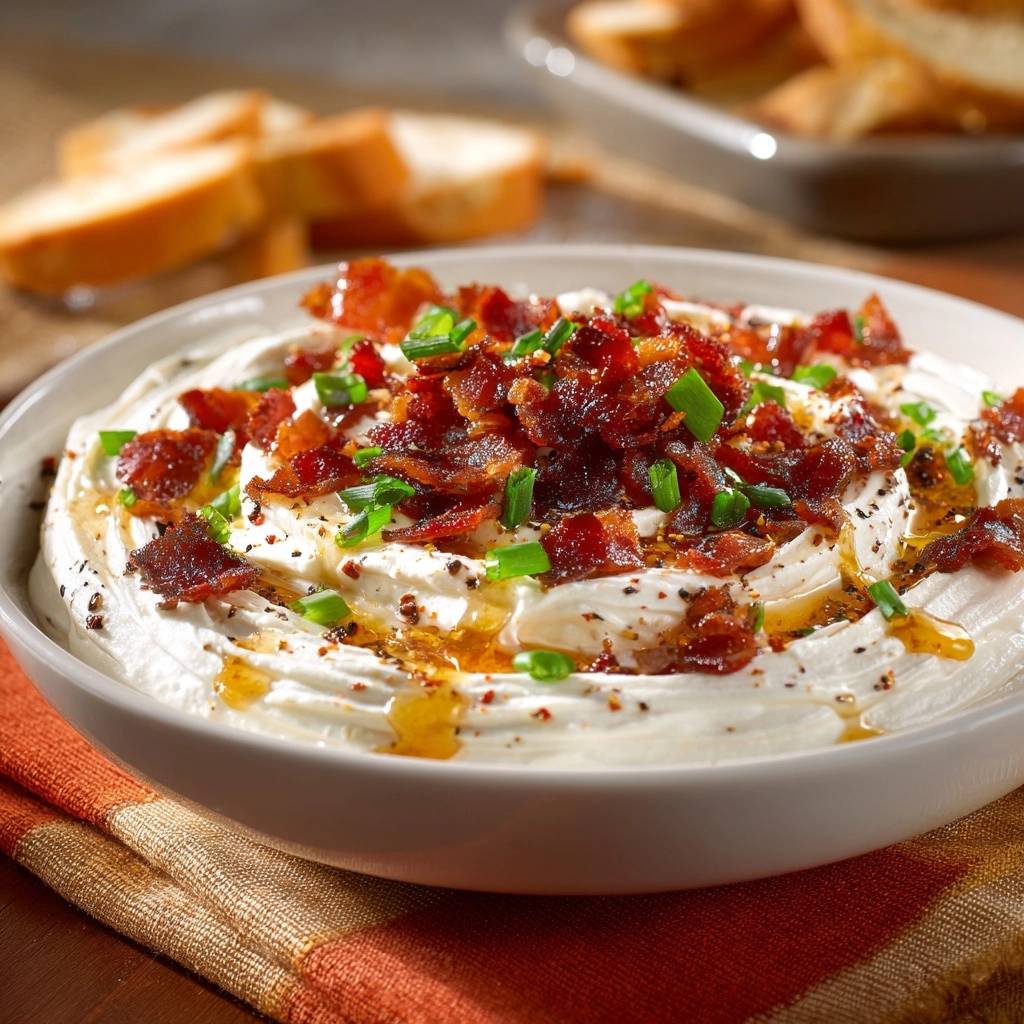 Knuspriger Bacon-Honig-Dip garniert mit Speck und Schnittlauch, serviert in einer Schüssel mit Brot im Hintergrund.