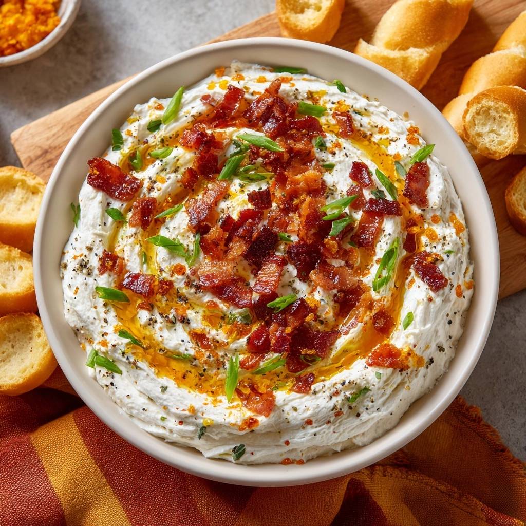 Knuspriger Bacon-Honig-Dip garniert mit Speckstücken und Frühlingszwiebeln, serviert mit Baguettescheiben.