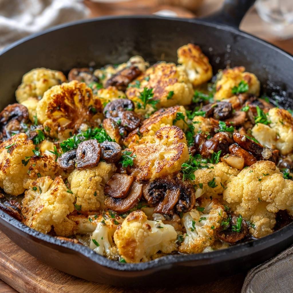 Knuspriger Blumenkohl mit Champignons in einer Gusseisenpfanne, garniert mit frischer Petersilie, Nahaufnahme