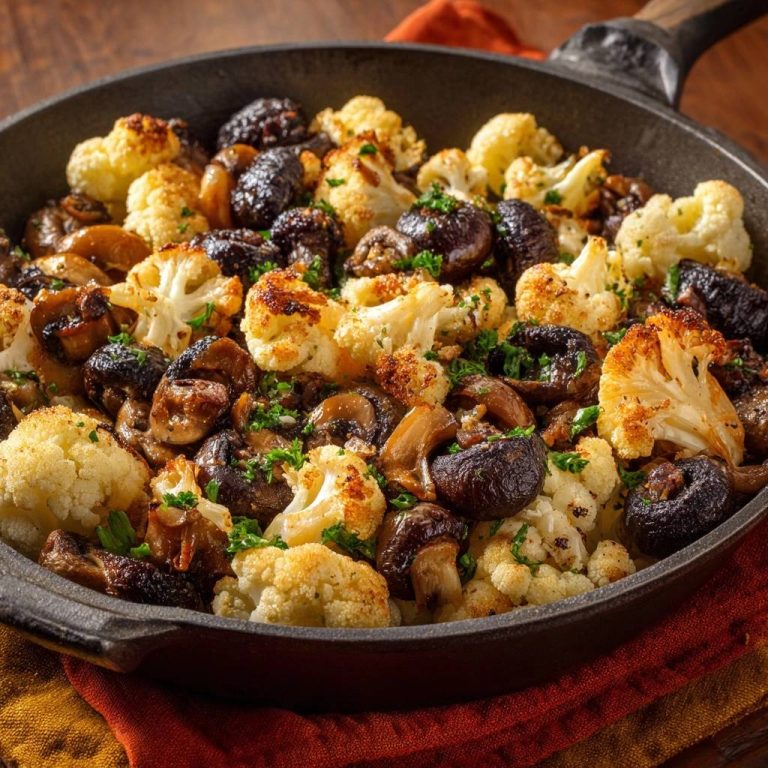 Knuspriger Blumenkohl mit Champignons aus der Pfanne, garniert mit frischer Petersilie und nah aufgenommen