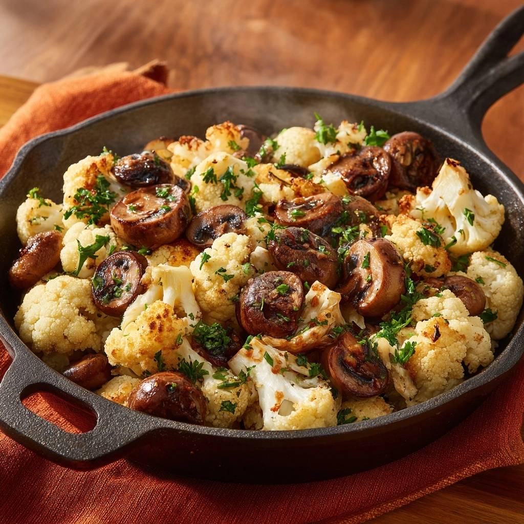Knuspriger Blumenkohl mit Champignons, serviert in einer schwarzen Gusseisenpfanne und mit Petersilie garniert.