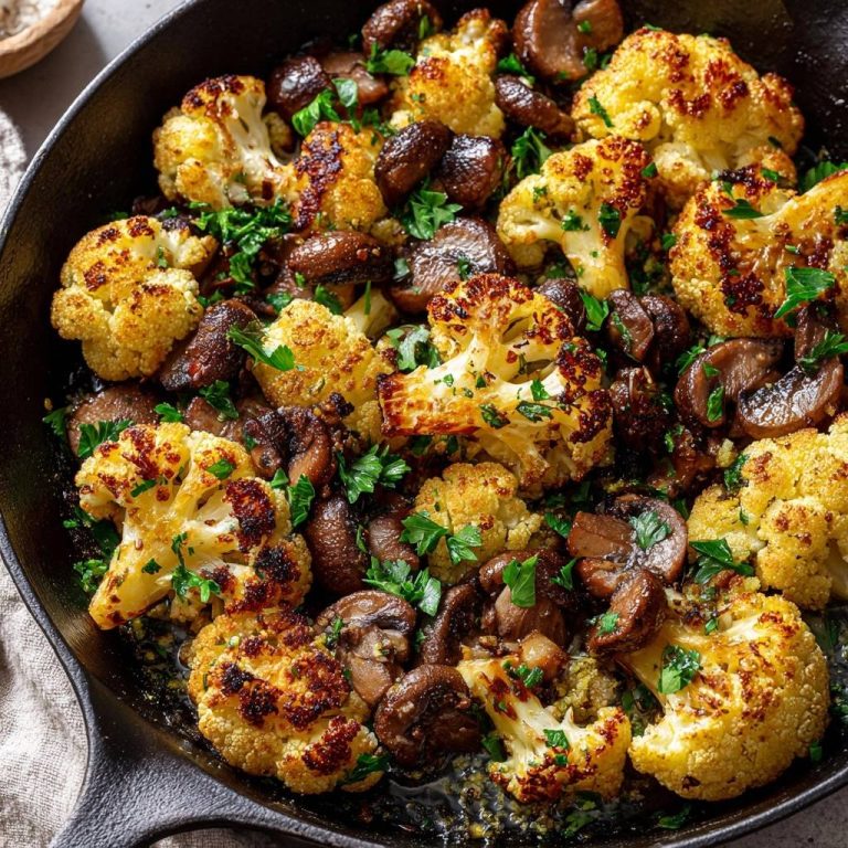 Knuspriger Blumenkohl mit Champignons aus der Pfanne, mit frischer Petersilie garniert und goldbraun gebraten.