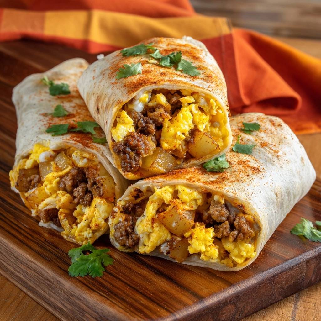 Knuspriger Frühstücks-Burrito im Anschnitt mit Rührei, Wurst und Kartoffeln, garniert mit Koriander