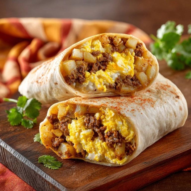 Knuspriger Frühstücks-Burrito im Anschnitt, der die Füllung aus Rührei, Hackfleisch und Kartoffeln zeigt.