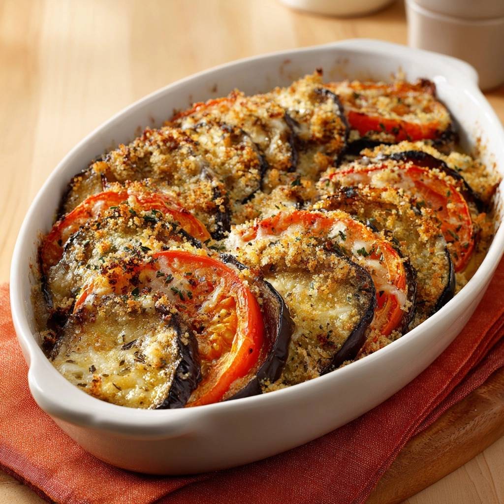 Knuspriger Auberginen-Tomaten-Kürbis-Gratin in einer Auflaufform, Nahaufnahme der gebackenen Oberfläche mit Käse und Kräutern.