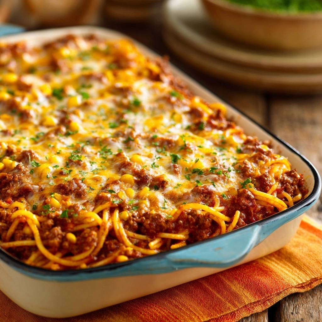 Knuspriger Hack-Nudelauflauf mit Mais und Käse, frisch aus dem Ofen und mit Petersilie garniert, in einer Auflaufform serviert.