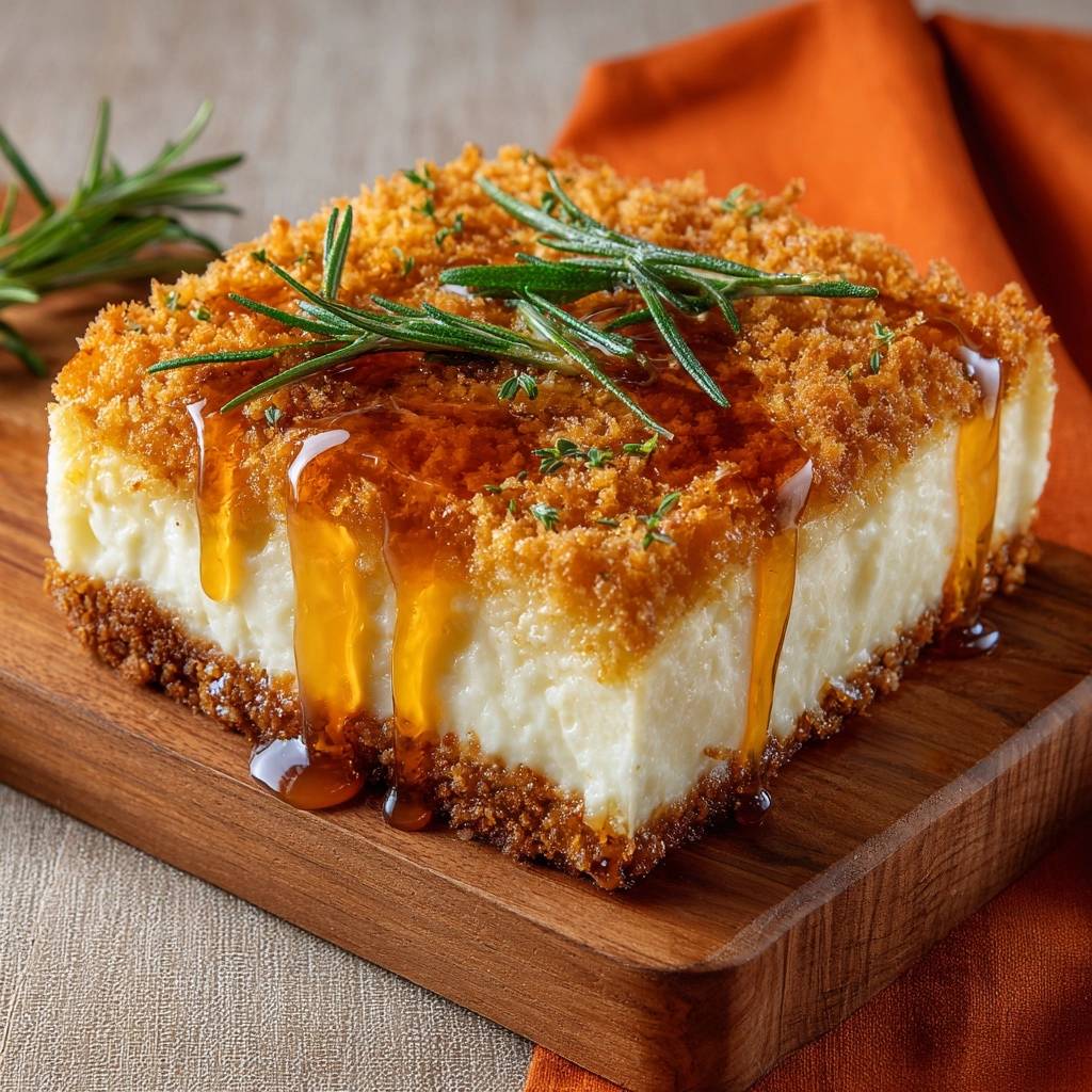 Knuspriger Honig-Rosmarin-Käse als Nahaufnahme mit Honig, der über die Kruste tropft.