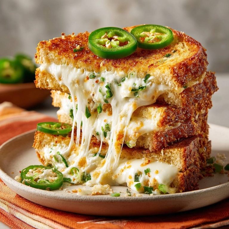 Knuspriger Jalapeño-Käsetoast mit einem extremen Käsefaden-Zieheffekt, garniert mit Jalapeñoscheiben.