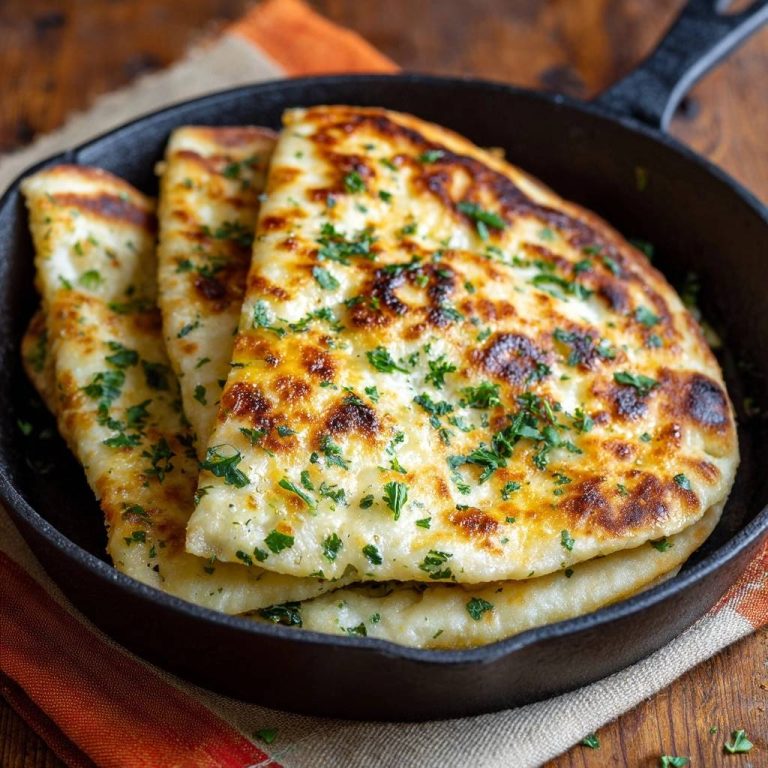 Knuspriger Käse-Naan frisch aus der Pfanne, mit gehackter Petersilie garniert und gestapelt.