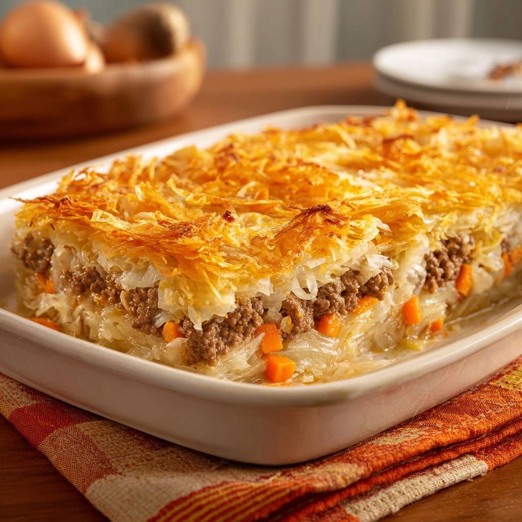 Knuspriger Kraut-Hack-Filo-Auflauf im Anschnitt, der die Schichten aus Hackfleisch, Gemüse und Filoteig zeigt.