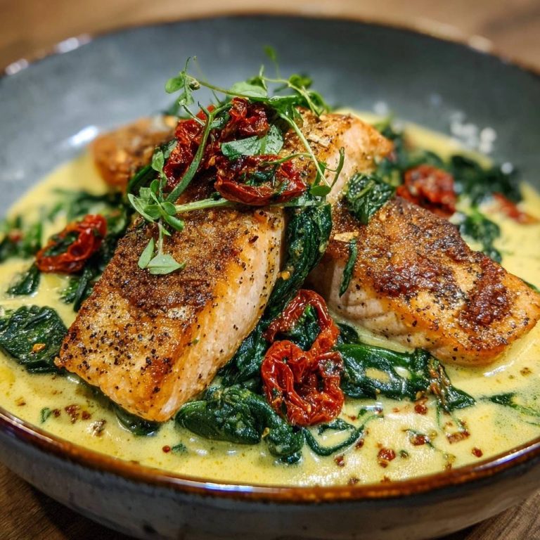 Knuspriger Lachs in Spinat-Curry mit Tomaten, Nahaufnahme des saftigen Fischs mit cremiger Sauce und Garnitur.