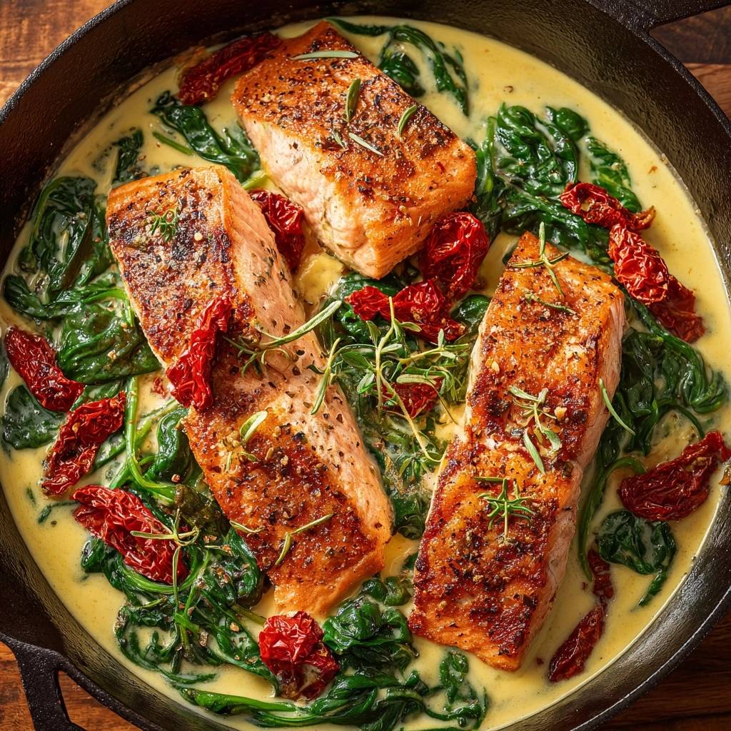 Knuspriger Lachs in Spinat-Curry mit Tomaten, gezeigt in einer Nahaufnahme in einer Gusseisenpfanne mit cremiger Sauce.