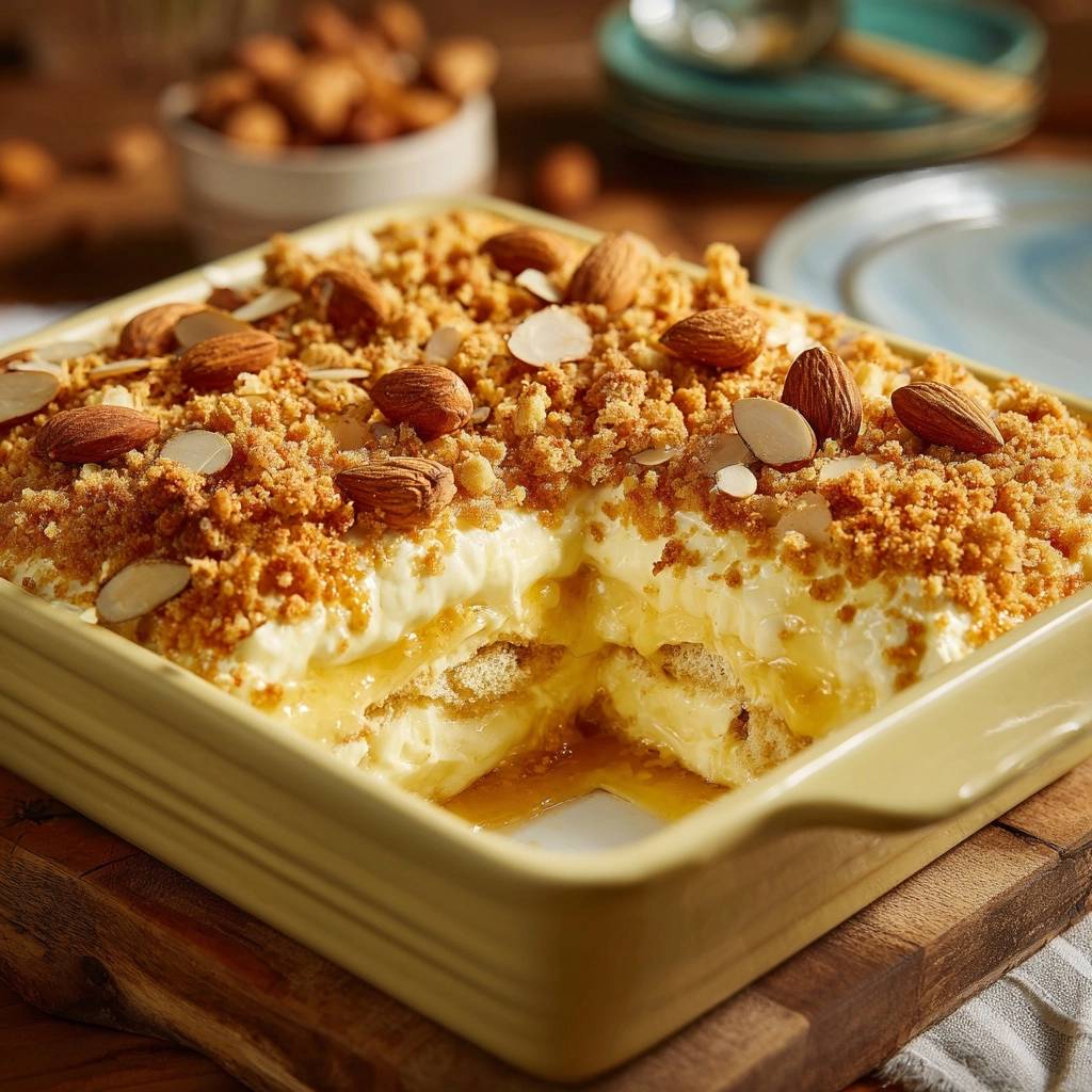 Knuspriger Mandelcreme-Auflauf angeschnitten, der die Schichten von Keksen, Creme und dem knusprigen Mandel-Topping zeigt.
