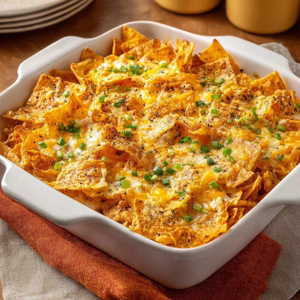 Knuspriger Nacho-Käse-Auflauf, frisch aus dem Ofen mit geschmolzenem Käse und Frühlingszwiebeln garniert.