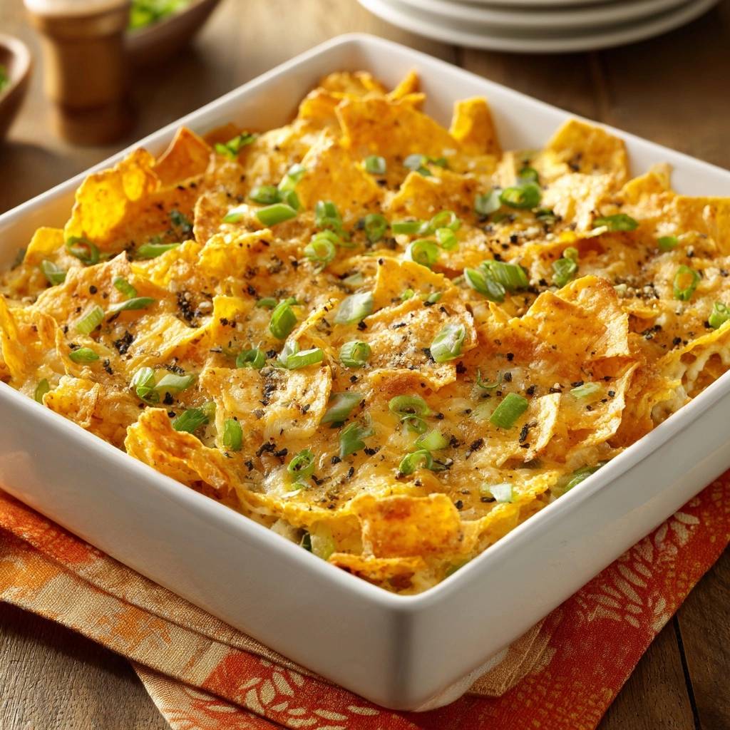 Knuspriger Nacho-Käse-Auflauf, frisch aus dem Ofen und mit Frühlingszwiebeln garniert, in einer weißen Auflaufform