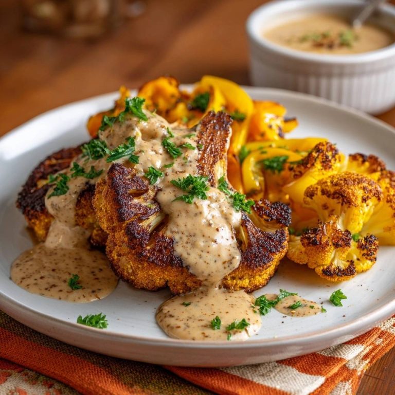 Knuspriger Ofen-Blütenkohl mit Paprika & Sahnesoße, auf einem Teller mit Soße angerichtet und mit Petersilie garniert.