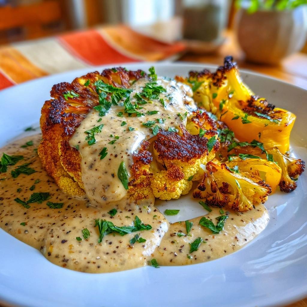 Knuspriger Ofen-Blütenkohl mit Paprika & Sahnesoße, nahaufnahme der cremigen Soße und Petersilie auf dem Röschen