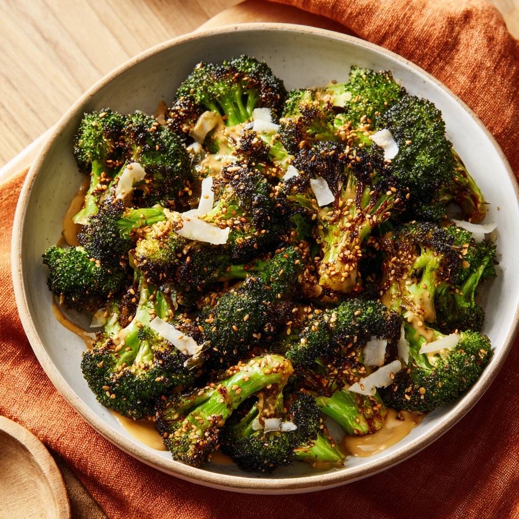 Knuspriger Ofen-Brokkoli mit Tahini, Sesam & Parmesan, detailreiche Nahaufnahme der garnierten Röschen mit geröstetem Sesam und Parmesanspänen.