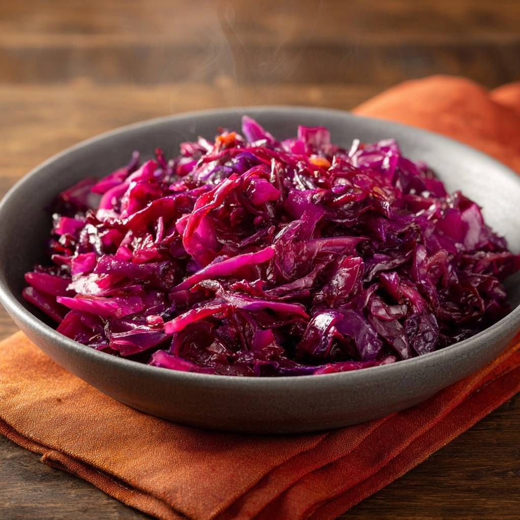 Knuspriger Pfannen-Rotkohl als Dampfendes Gericht in einer Schüssel, serviert auf einem braunen Tuch.
