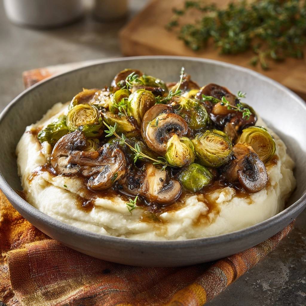 Knuspriger Rosenkohl mit Pilzen auf cremigem Kartoffelbrei, garniert mit frischen Kräutern und serviert in einer Schüssel.