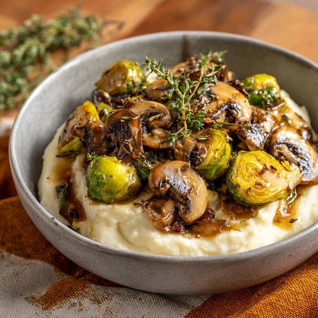 Knuspriger Rosenkohl mit Pilzen auf cremigem Kartoffelbrei, Nahaufnahme der servierten Portion mit frischen Kräutern garniert.