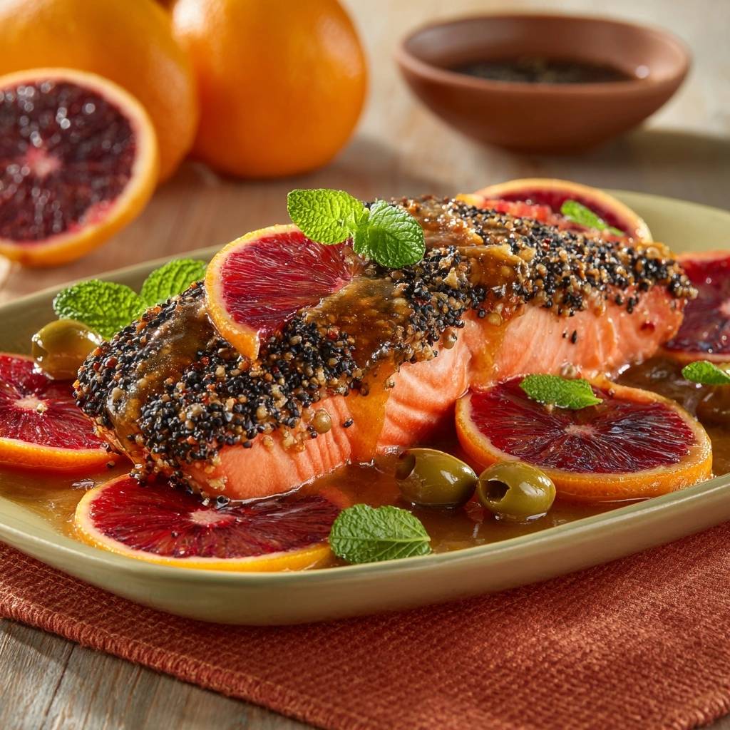 Knuspriger Sesam-Lachs mit Blutorangen-Glaze, detailreich garniert mit frischen Minzblättern und Blutorangenscheiben.