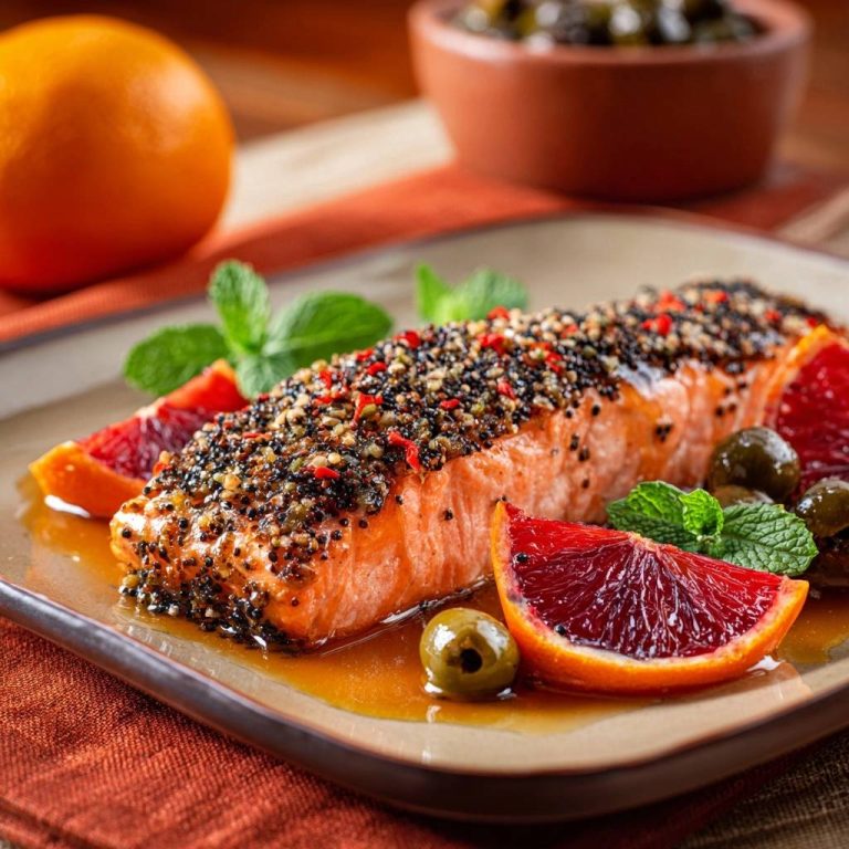 Knuspriger Sesam-Lachs mit Blutorangen-Glaze, serviert mit Blutorangenspalten, Oliven und Minze auf einem Teller.