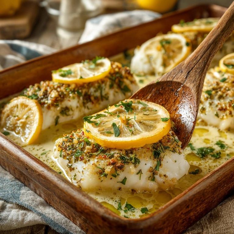Knuspriger Zitronen-Kräuter-Fisch mit einer Holzschaufel aus der Auflaufform gehoben, garniert mit Zitrone und Petersilie.