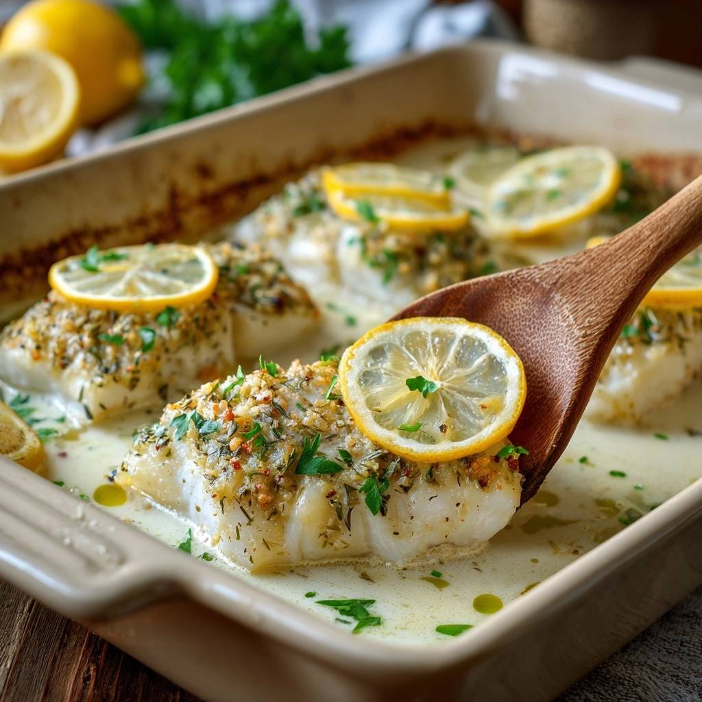 Knuspriger Zitronen-Kräuter-Fisch wird mit einem Holzlöffel serviert, mit Zitrone und Kräutern garniert.