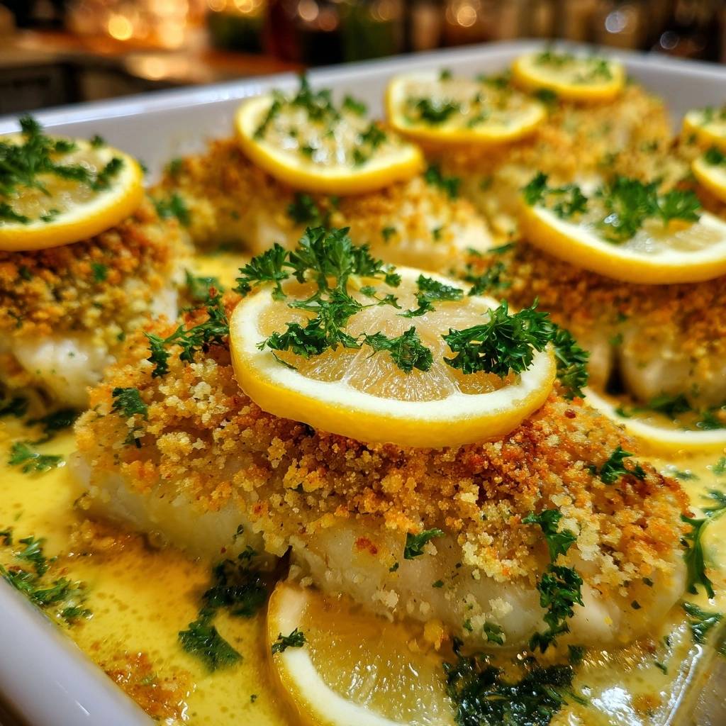 Knuspriger Zitronenfisch-Auflauf, nahaufnahme der goldbraunen Kruste mit frischer Zitrone und Petersilie garniert.