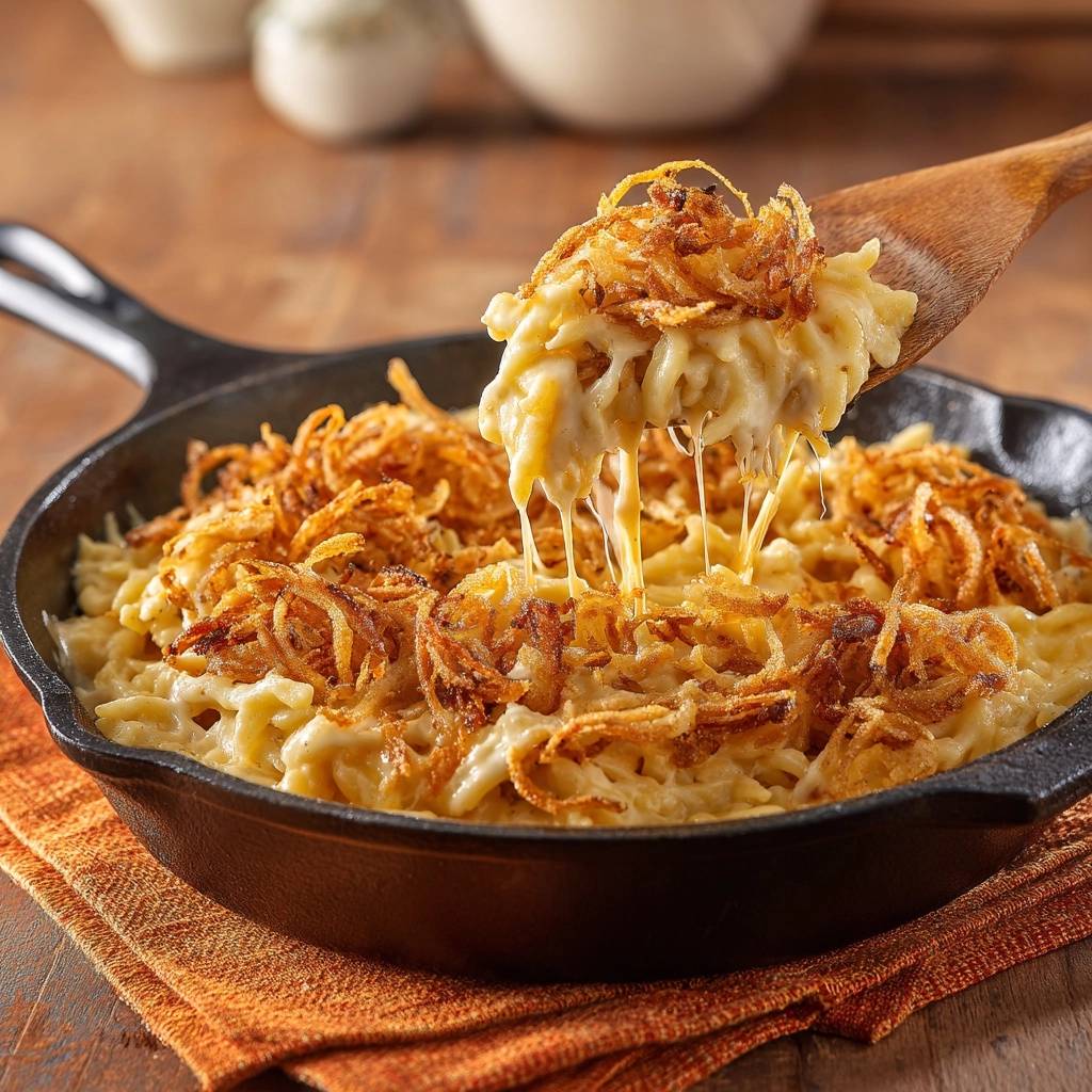 Knuspriger Zwiebel-Mac & Cheese mit geschmolzenem Käse, der von einem Holzlöffel herabzieht.