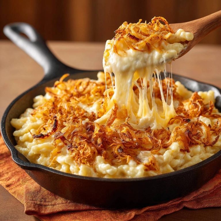 Knuspriger Zwiebel-Mac & Cheese mit langen, geschmolzenen Käsefäden, die beim Servieren hochgezogen werden.