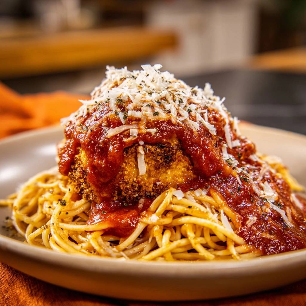 Knuspriges Hähnchen auf Spaghetti, serviert mit Tomatensauce und Parmesan, in einer Nahaufnahme auf einem Teller.