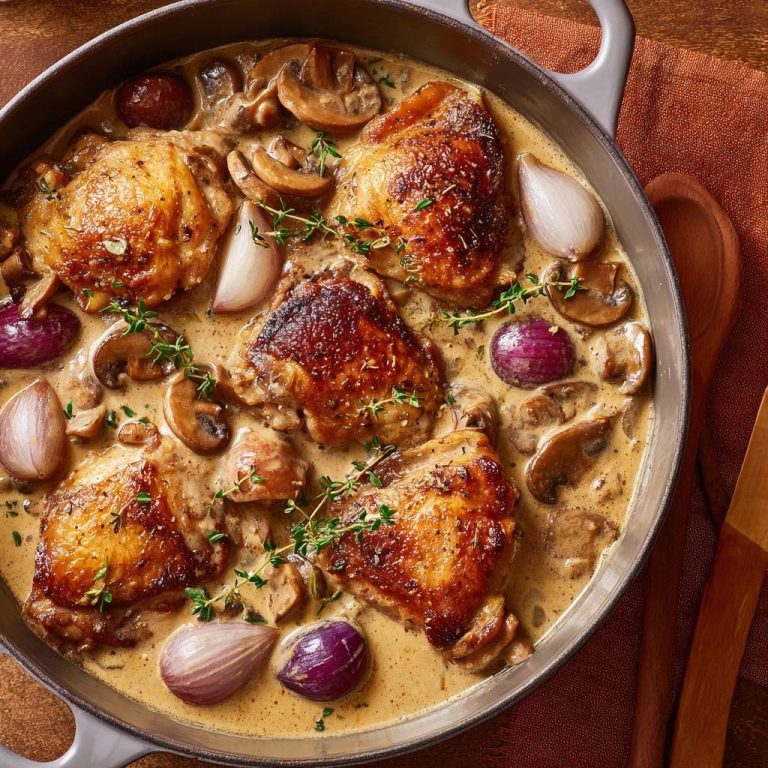 Knuspriges Hähnchen mit Pilzen, Perlzwiebeln und Trauben in cremiger Sauce, Nahaufnahme der gebratenen Hähnchenschenkel mit Kräutern garniert.