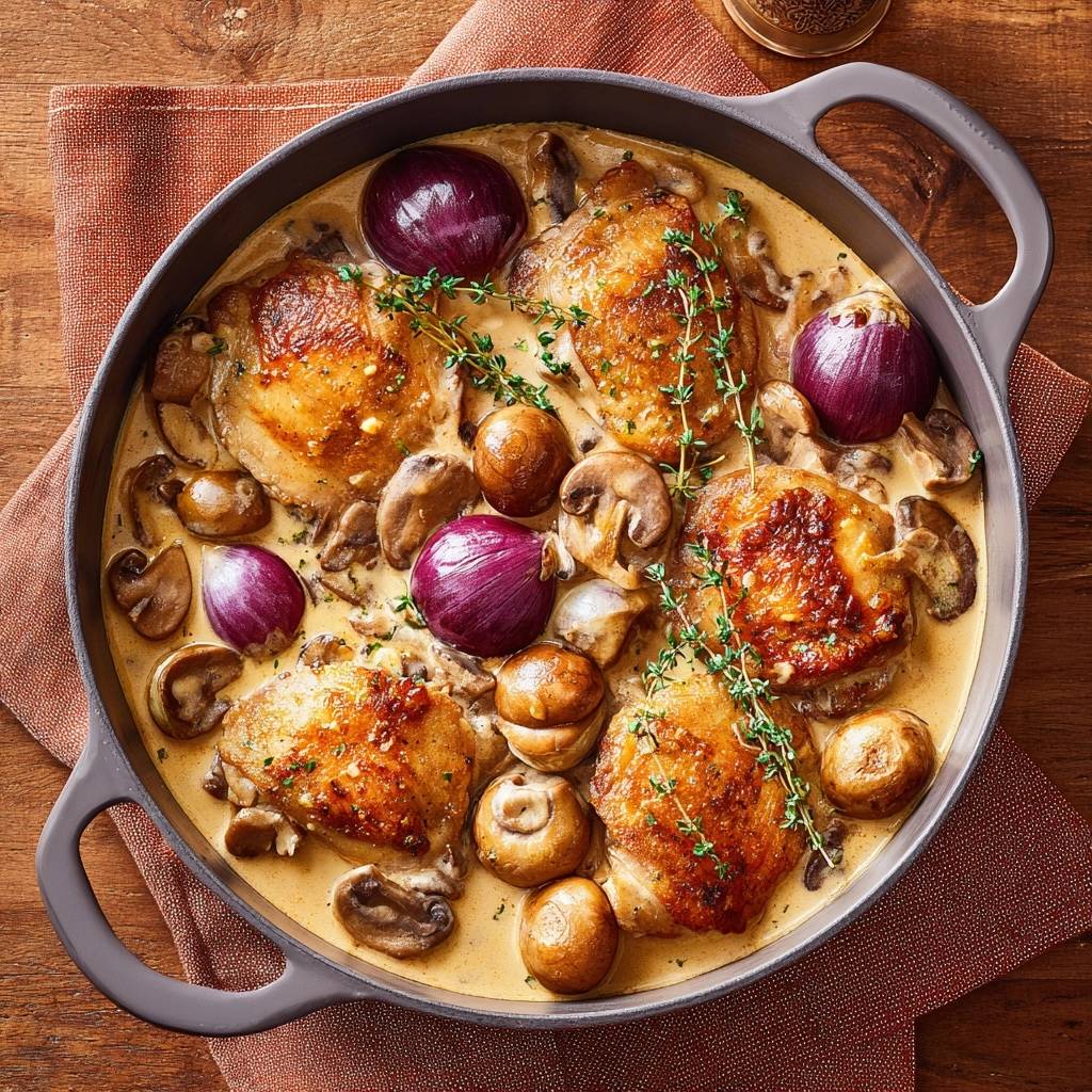 Knuspriges Hähnchen mit Pilzen, Perlzwiebeln und Trauben, von oben in einer Pfanne mit cremiger Sauce und Kräutern garniert.