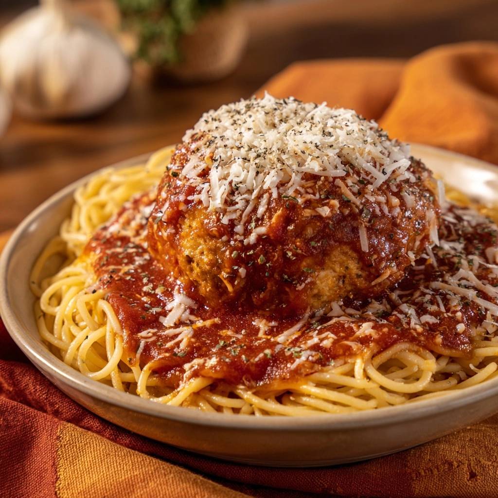 Knuspriges Hähnchen auf Spaghetti, eine einzelne, riesige Fleischkugel mit Tomatensauce und Käse garniert.