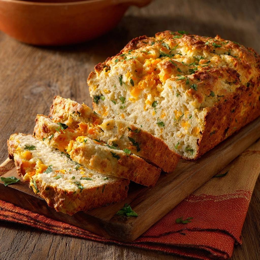 Knuspriges Käse-Petersilienbrot, angeschnitten und auf einem Holzbrett liegend, mit sichtbarer Käse- und Petersilieneinlage.