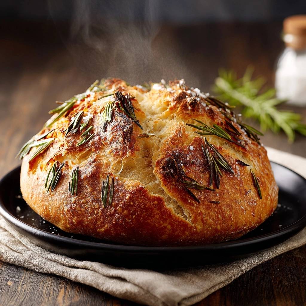 Knuspriges Rosmarin-Salz-Brot frisch aus dem Ofen, mit sichtbarem Dampf und Rosmarinzweigen garniert.
