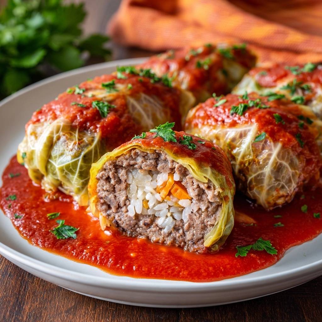 Saftige Kohlrouladen in Tomatensoße, angeschnitten auf einem Teller, zeigen das Innere mit Hackfleisch und Reis.