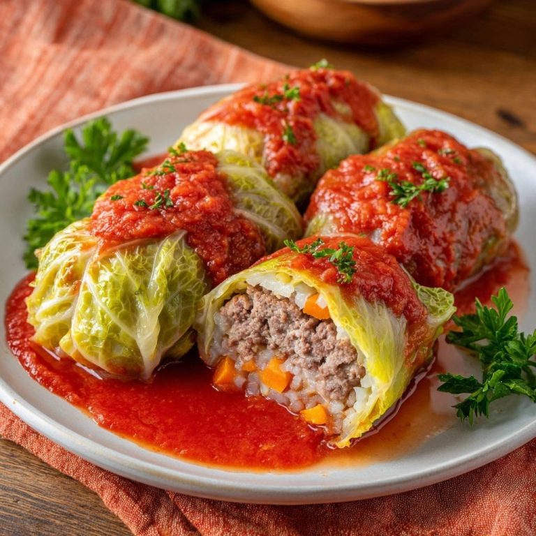 Saftige Kohlrouladen in Tomatensoße, angeschnitten, zeigen eine reichhaltige Füllung aus Hackfleisch und Reis mit Karotten.