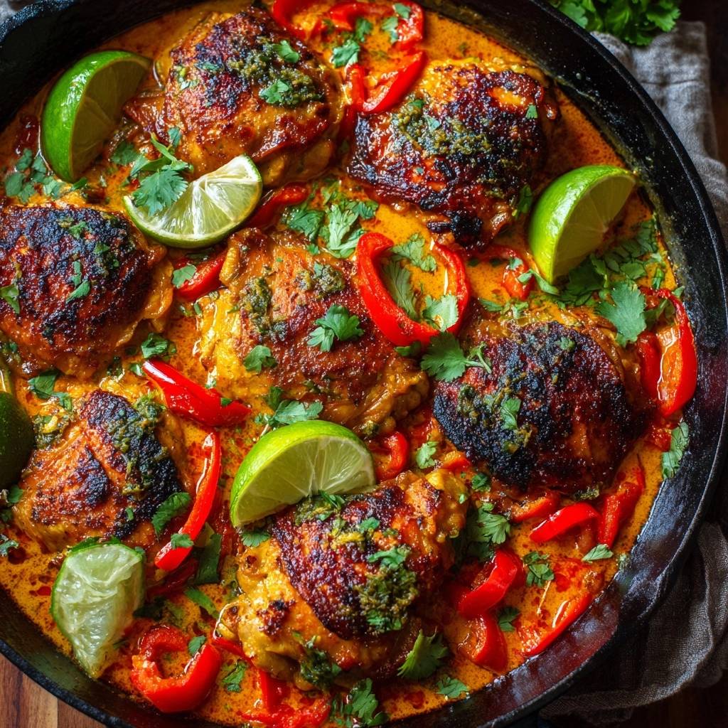 Knuspriges Kokos-Hähnchen-Curry, nah aufgenommen mit frischen Limettenstücken und Koriander garniert.