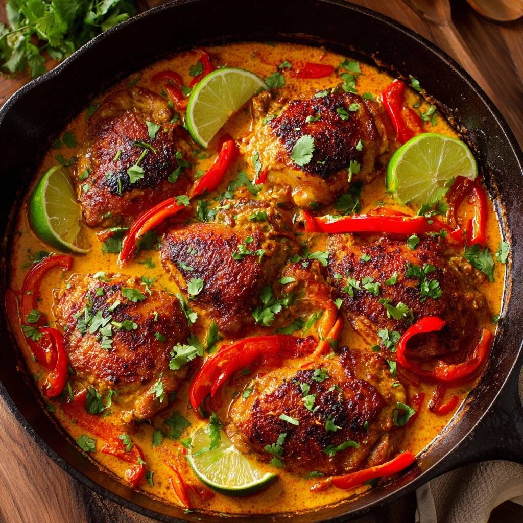 Knuspriges Kokos-Hähnchen-Curry in einer gusseisernen Pfanne mit frischen Limetten, Chilis und Koriander garniert.